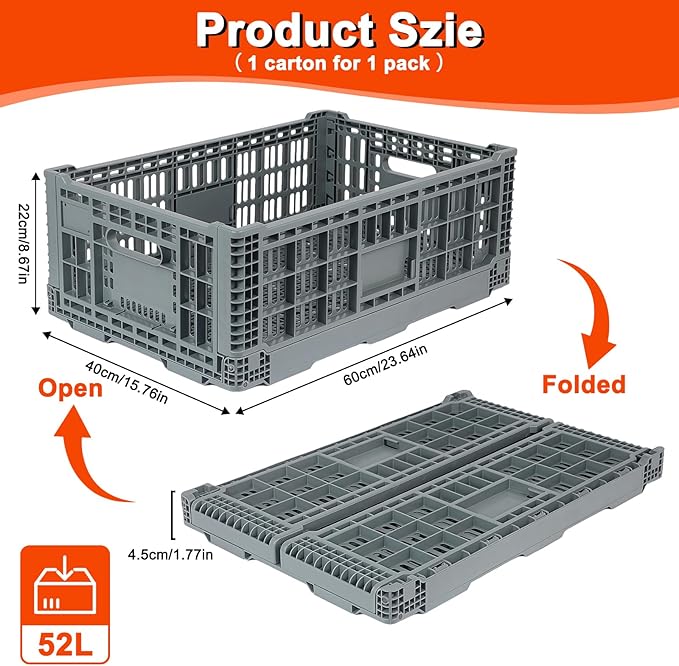 Collapsible Milk Crate, 1 pck 52L(13GAL) Stackable Storage Bins, Heavy Duty Storage Crates, Plastic Crates for Grocery, Warehouse Organization - Extra Large, Holds 130 lbs Per Bin