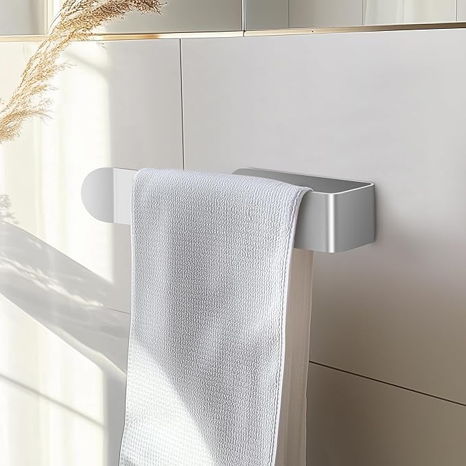 8 Inch Hand Towel Holder, Self Adhesive Towel Bar for Bathroom, Rustproof Aluminum U-Shape Towel Rack Stick on Wall, Brushed Silver