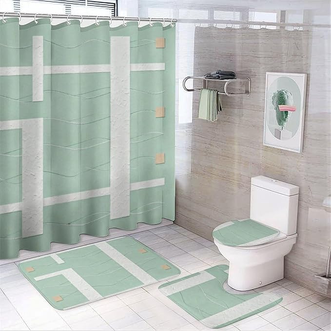 4 Piece Bathroom Rug Set with Shower Curtain, Non-Slip Bath Mat Toilet Cover Set, Geometric Lines Bathroom Rug Sets