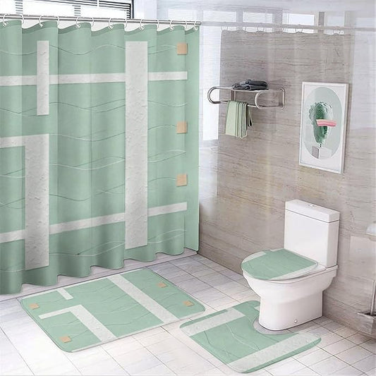 4 Piece Bathroom Rug Set with Shower Curtain, Non-Slip Bath Mat Toilet Cover Set, Geometric Lines Bathroom Rug Sets