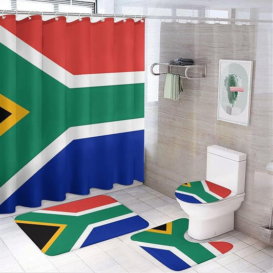 4 Piece Bathroom Rug Set with Shower Curtain, Non-Slip Bath Mat Toilet Cover Set, South Africa Flag Bathroom Rug Sets