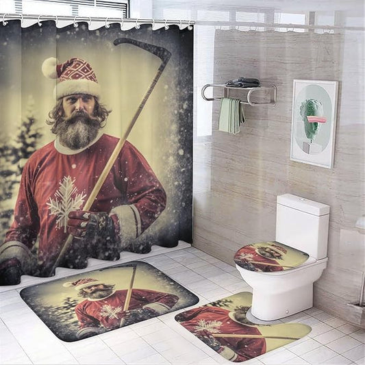 4 Pcs Shower Curtain Set Santa Claus Playing Hockey Ice Skate Sport Bathroom Shower Curtain Set with Rugs Ice Sports Games Shower Curtain with 12 Hooks for Bathroom Decor 72inch X 72inch