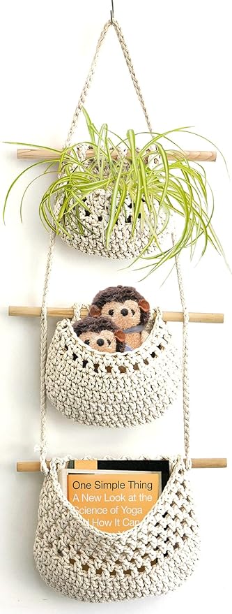 AARAINBOW Wall Cotton Hanging Baskets, Large 3 Tier Decorative Wall Basket, for Nursery, Boho Kitchen Decor - Cotton Rope Fruit basket (White)