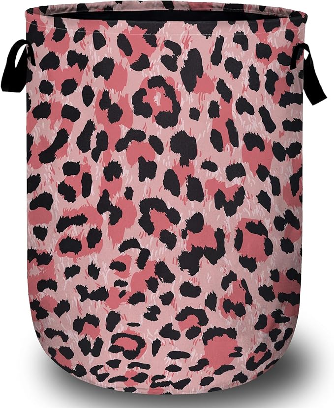 Pink Leopard Laundry Basket, Laundry Hamper Collapsible Oxford Cloth with Handle Clothes Toy Storage Bin for Bathroom Laundry Room Bedroom 15.7 X 20 Inch