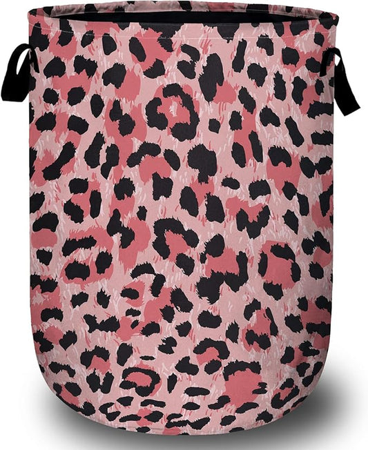 Pink Leopard Laundry Basket, Laundry Hamper Collapsible Oxford Cloth with Handle Clothes Toy Storage Bin for Bathroom Laundry Room Bedroom 15.7 X 20 Inch