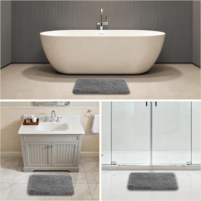 Gray Bathroom Rugs 17"x24" - High-Density Microfiber Bath Mat, Fluffy Non Slip Absorbent and Washable Bathroom Mat - Ideal for Small Spaces, Vanity, Toilet, or Pet Mat