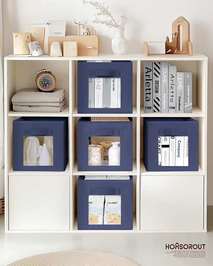 Storage Cube 11 Inch - Cube Storage Bins with Window, Closet Storage Baskets with Handle, Fabric Bins for Closet, Shelves, Toys, Clothes, Set of 6, Navy Blue