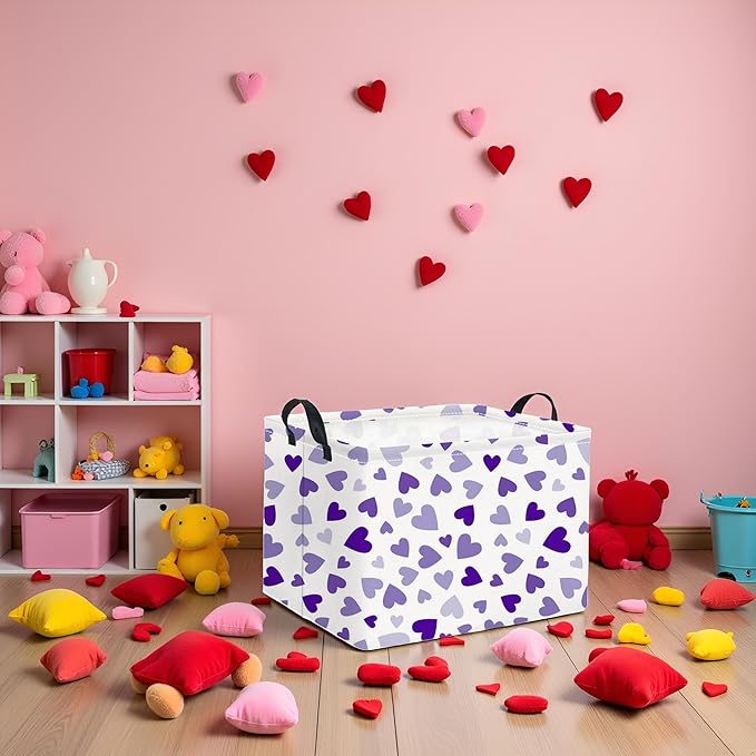 HIYAGON Rectangular Valentines Basket Fabric Storage Bin Storage Boxes Collapsible Storage Basket for Clothes Books Shelves Basket(Light Purple Heart)