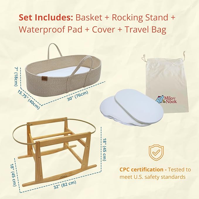 Milo & Nook Baby Changing Basket with Pad & Moses Basket Stand – Soft Cotton Nursery Basket, Waterproof Pad & Removable Washable Cover, Complete Changing Station for Newborn
