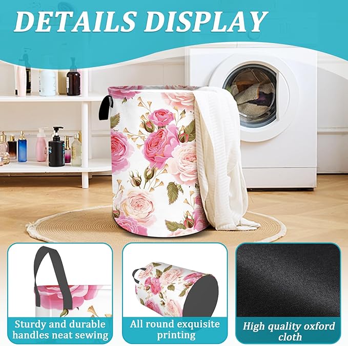 Abstract Pink Rose Laundry Basket, Floral Laundry Hamper Foldable Waterproof Funny Tote Bag Dirty Clothes Storage Bucket Toy Organizer for Bathroom/Laundry/Bedroom 15.7"x19.6"