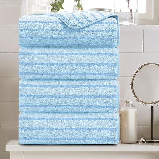 4 Piece Blue Cabana Stripe Large Bath Towels 35"x70" Oversized Bath Sheet Super Soft Breathable Jumbo Bathroom Towels Highly Absorbent Shower Towel Quick Dry Beach Chair Towel Spa Gym Hotel Towel Set
