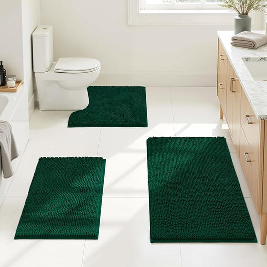 HOMEIDEAS 3 Pieces Bathroom Rugs, Ultra Soft Non Slip Absorbent Chenille Toilet Bath Mat Set (Dark Green)