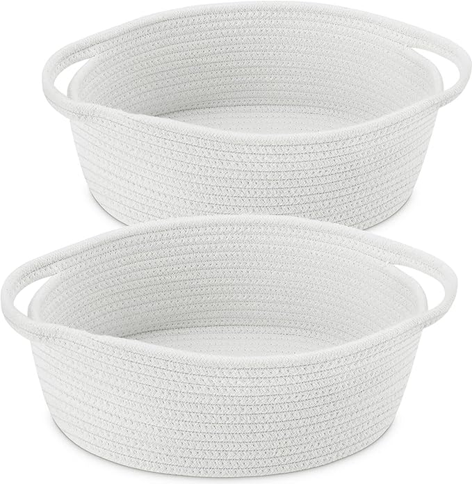 ABenkle Small Basket with Handles, Boho Decorative Rope Woven Dog Cat Toy Storage Bin Shelf Storage Organizer, Easter Christmas Gift Basket, 12"x8"x5", 2 Pack