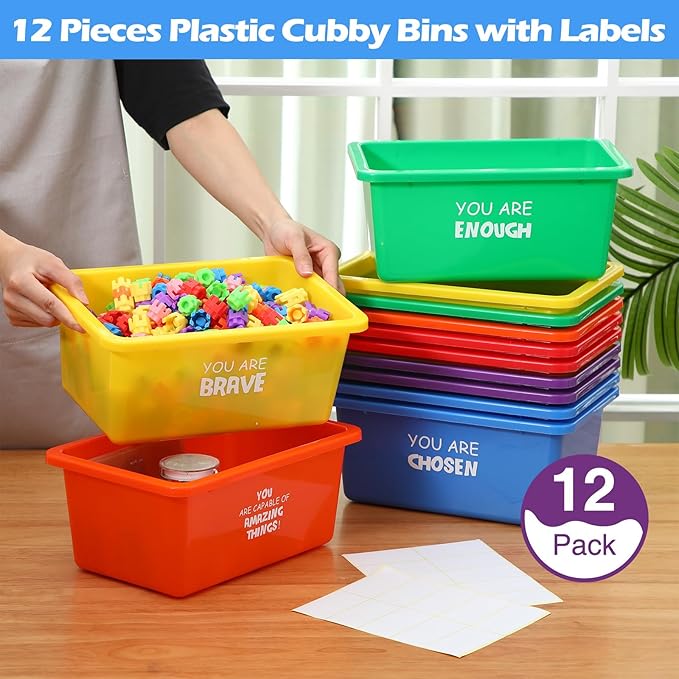 Thyle Plastic Cubby Bins with Labels 11.6 x 7.7 Inch Classroom book bins Stacking Storage Container Organizer Storage Cubbies for Classroom Office(Inspirational,Bright Color,12 Pieces)