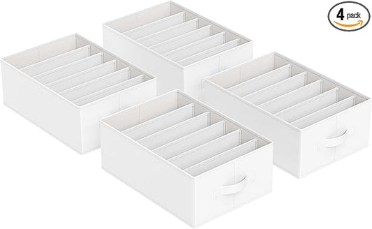 SONGMICS Set of 4 Large Size Wardrobe Clothes Organizers, 6-Compartment Foldable Drawer Organizers with Handles, 16.5 x 11.8 x 6.7 Inches, for Pants, Sweaters, Jeans, Cloud White URUS009W04