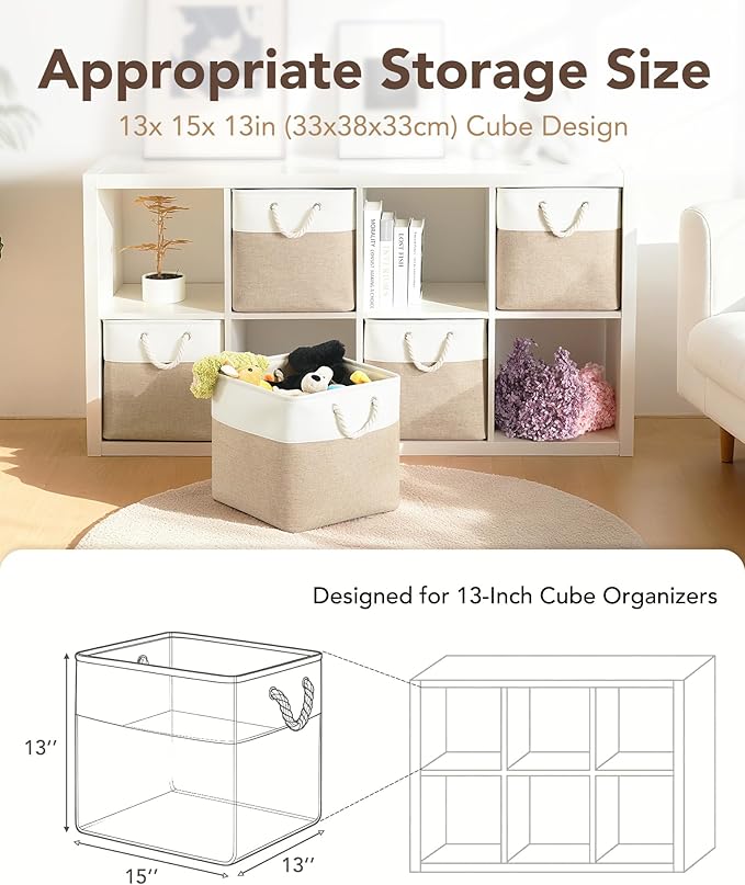 13x15x13 Storage Cube Bins, Heavy Duty Foldable Fabric Storage Bins with Handles and Metal Frame, 6 Pack Large Closet Organizer Bins for Clothes, Socks, Towels, White Khaki
