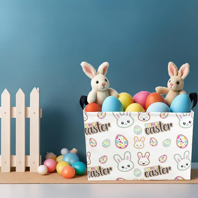 Kid Large Empty Easter Basket Personalized Fabric Bunny Easter Basket for Boy and Girl (Happy Rabbit Easter Egg)