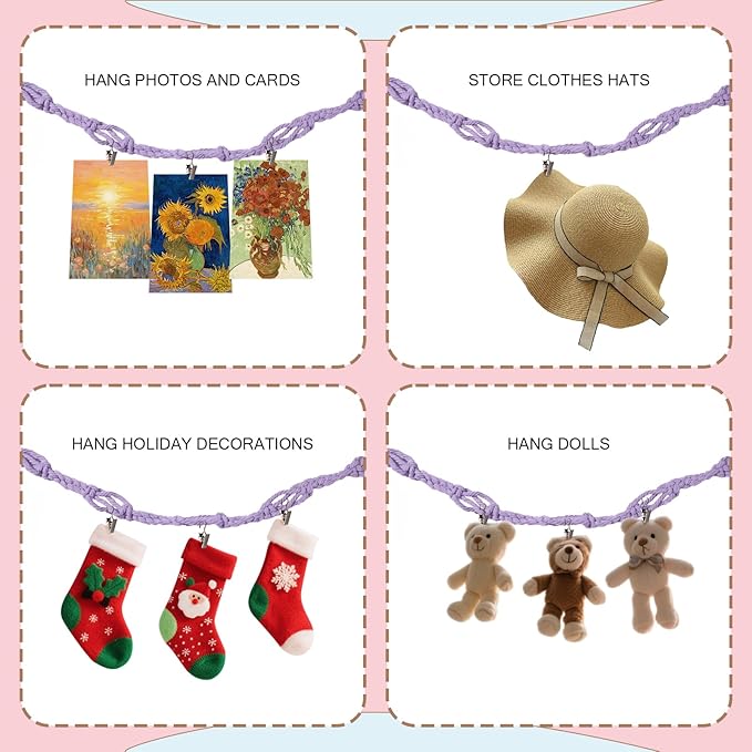 80" Cotton Hanging Storage Chain For Stuffed Animals Storage with 20 Metal Clips, Stuffed Animal Organizer Chain for Wall Corner Nursery Play Room, Purple