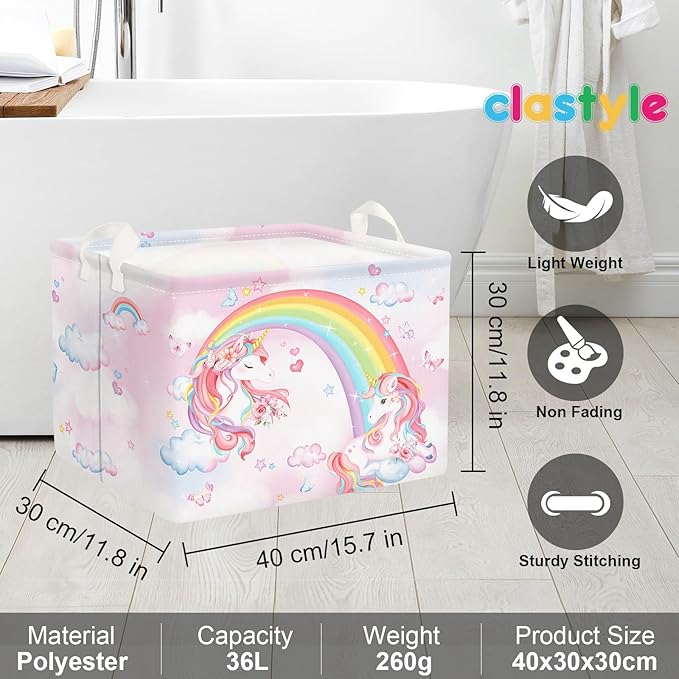 Clastyle Collapsible Large Rainbow Unicorn Baby Girl Basket Pink Flower Cloud Butterfly Book Shelf Basket with Handle Rectangle Toy Clothes Cube Storage Basket for Kids Room Nursery