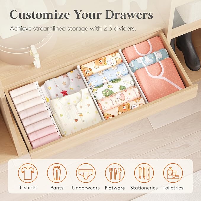 Lifewit 3.2" Tall 4 Pack Drawer Dividers, 26.5-42cm/10.2-16.5" Expandable Drawer Divider for Clothes, Adjustable Dresser Drawer Organizers, Drawers Separators for Dresser/Bathroom/Kitchen White