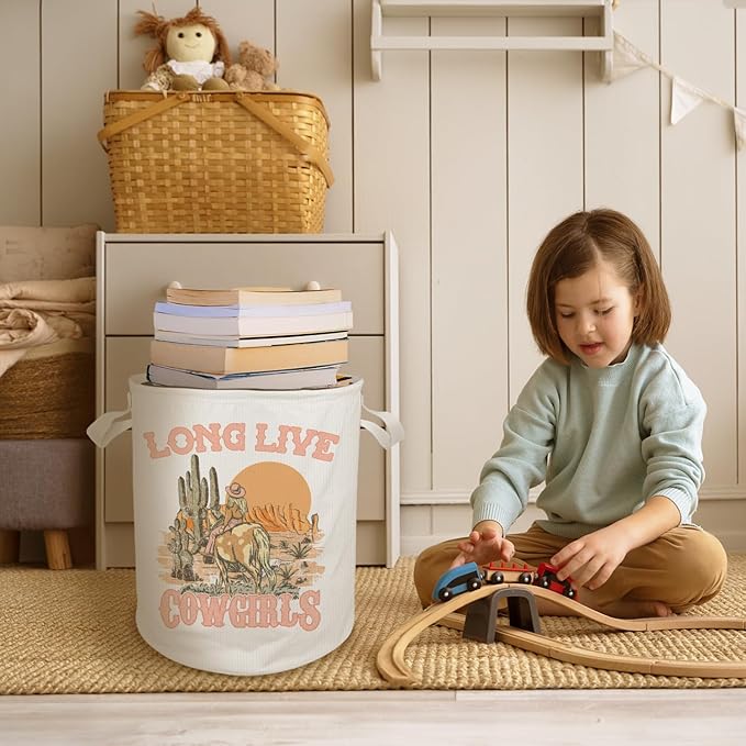 Western Cowgirl Laundry Basket Hamper, Toybox for Girls, Long Live Cowgirls Western Waterproof Collapsible Storage Bin Organizer for Bedroom Bathroom Girls Dorm Clothes Toys Books