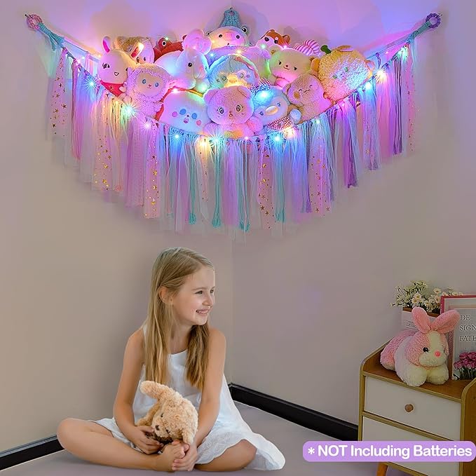 FIOBEE Stuffed Animals Net or Hammock with LED Light, Toy Hammock Hanging Stuffed Animals Storage Organizer Holder Room Décor for Nursery Kids Bedroom