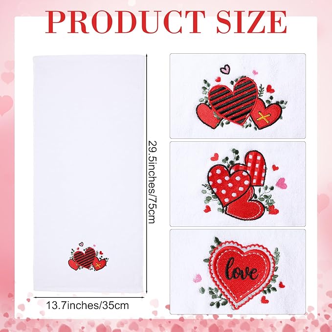 3 Pack Valentine's Day Bath Hand Towels Embroidered 100% Cotton 13.7 x 29.5 in Valentines Red Heart Love Bathroom Kitchen Decorations Valentines Day Dish Towel Gift Set(White,Eucalyptus)