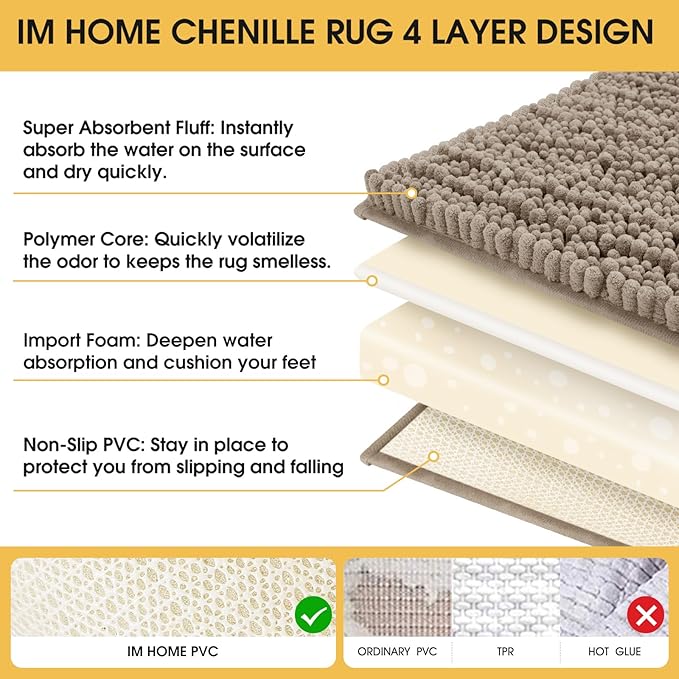 ACCUMTEK Extra Long Upgrade Luxury Dark Beige Bathroom Rug Mat 70"x24", Ultra Soft Thick Absorbent Bath Mats, Non Slip Chenille Toilet Mat for Bathroom, Bedroom, Kitchen, Shower, Tub, Taupe