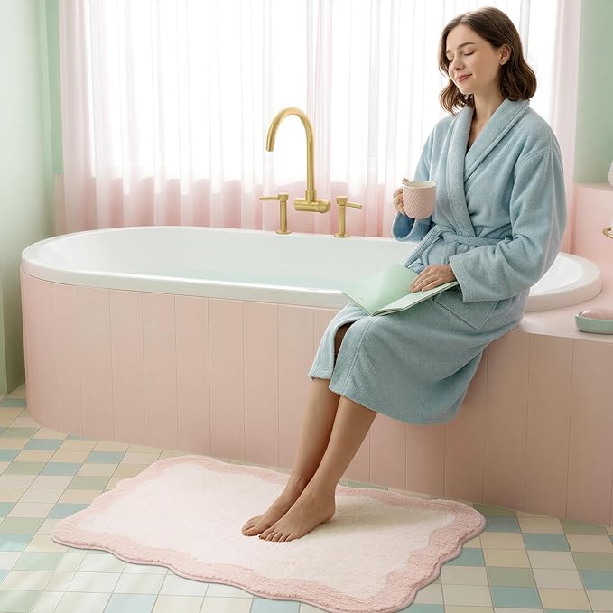 GRANNY SAYS Waved Pink Bathroom Rugs, 36" x 24", Non-Slip Bath Mats for Bathroom, Plush Shag Absorbent Microfiber Ultra Soft Scalloped Bath Mat, Cute Washable Rug for Tub, Shower, Bedroom