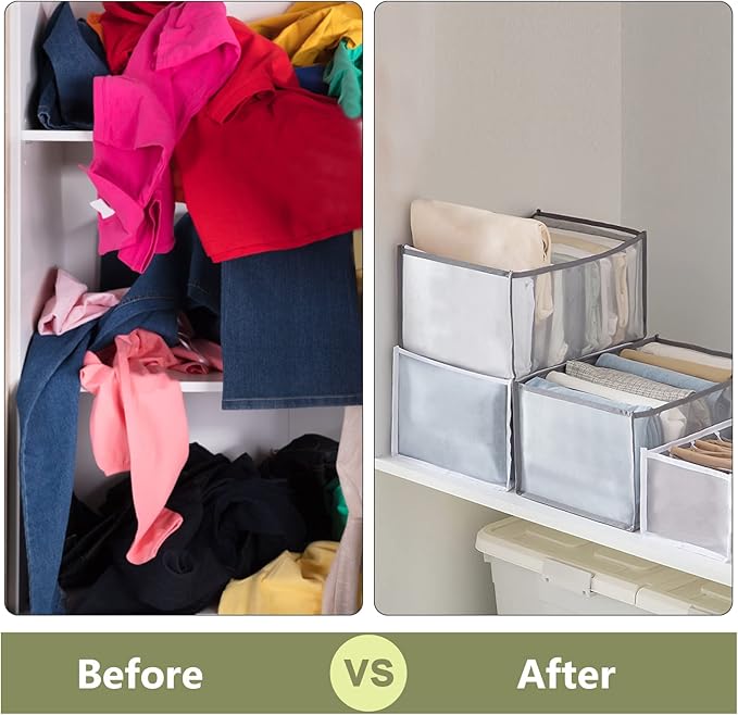 TOOVREN Drawer Organizers for Clothing 6PCS, Wardrobe Clothes Organizer, Dresser Drawer Organizer Clothes Jeans Storage Socks Underwear Organizer (Shirt+Jeans+T-Shirt+Bra+Underwear+Socks Grids, Gray)