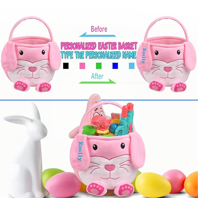 Personalized Easter Basket, PEMIRSAYO Easter Baskets for Kids Easter Bunny Baskets Custom Easter Basket Personalized Easter Gifts Toddler Easter Baskets Empty - Pink