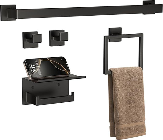5-Piece 23.6 Inch Matte Black Bathroom Accessories Set, Bathroom Hardware Set, SUS304 Stainless Steel Bath Towel Bar Set, Toilet Paper Holder with Shelf, Towel Hooks, Towel Ring Wall Mounted