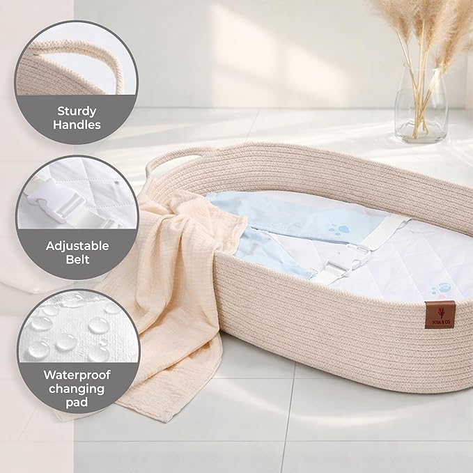 SOSA & CO Baby Changing Basket with Diaper Changing Pad Soft & Waterproof Dual-Cover Moses Baskets and Neutral Muslin Sheet - Diaper Changing Station - Cotton Rope Basket