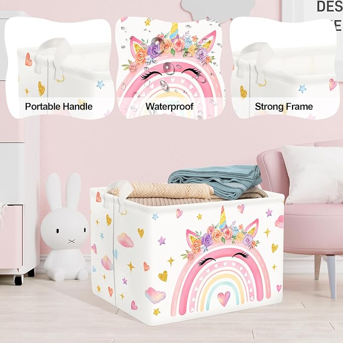 Clastyle Adorable Rainbow Laundry Basket Kids Clothes Book Storage Basket Gift Toy Box for Bedroom Decor,Unicorn,40x30x30 cm