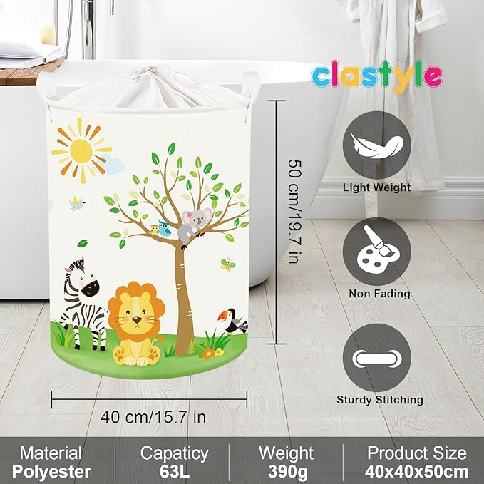 Clastyle 63L Large Jungle Animal Tree Kid Laundry Hamper with Handle Boy Girl Bedroom Bathroom Nursery Collapsible Clothes Toy Storage Basket with Lid