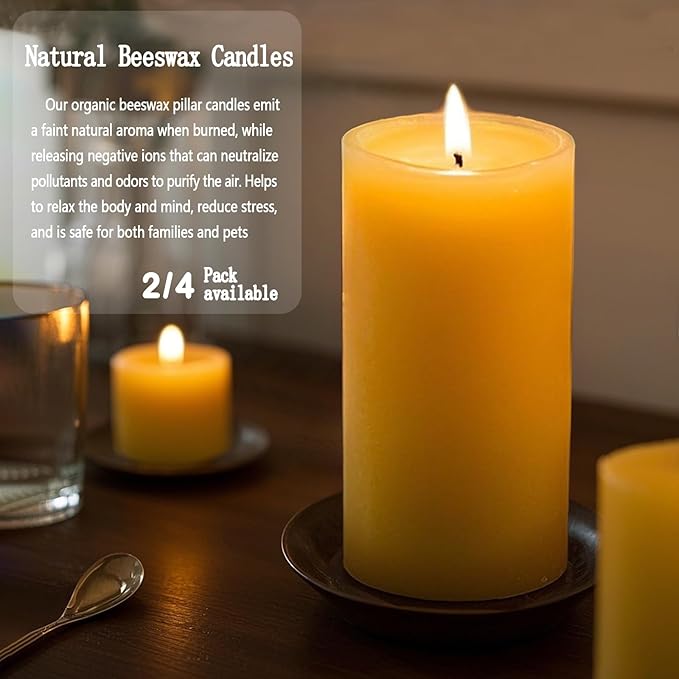 4 Pack Natural Beeswax Candles, 2.8x6inchs 380 Hours Long Burning Emergency Candle 100% Pure Beeswax Pillar Candle, Unscented Organic Bees Wax Candles for Home, Prayer, and Celebrations (2.8x6in)