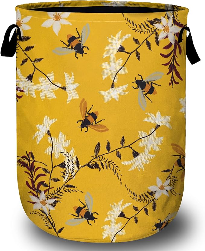 Bee Flower Laundry Basket, Spring Floral Laundry Hamper Collapsible Oxford Cloth with Handle Clothes Toy Storage Bin for Bathroom Laundry Room Bedroom 15.7 X 20 Inch