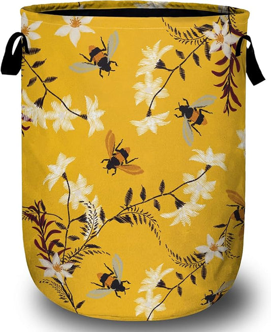 Bee Flower Laundry Basket, Spring Floral Laundry Hamper Collapsible Oxford Cloth with Handle Clothes Toy Storage Bin for Bathroom Laundry Room Bedroom 15.7 X 20 Inch