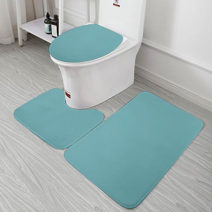 3 Pieces Bath Rug Sets, Retro Blue Trend Color Bathroom Mat Set Non Slip U Shaped Contour Rug & Toilet Lid Cover