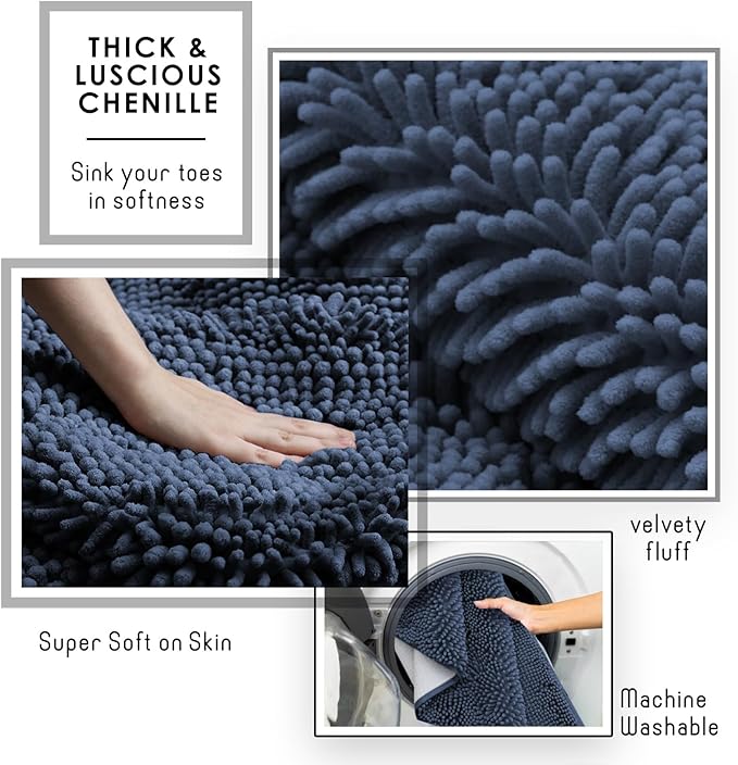 Hearth & Harbor Bathroom Rugs, Chenille Bath Mat - Machine Washable Bath Mats for Bathroom Non-Slip Backing Rubber, Quick Dry Bathroom Mat - Navy Blue 24x36