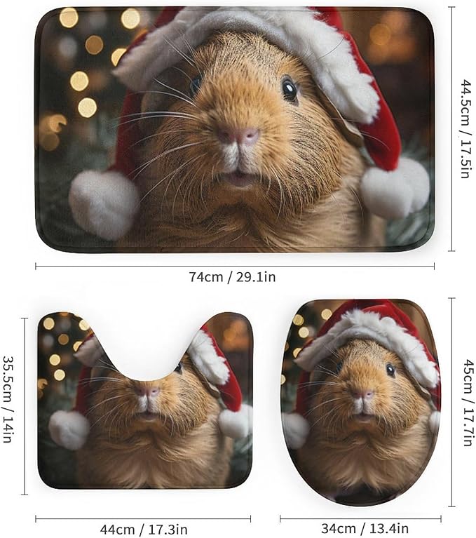 4 Piece Shower Curtain Sets Pet Guinea Pig Wear Red Santa Hat with Non-Slip Rugs Toilet Lid Cover and Bath Mat Funny Farmhouse Animal Guinea Pig Piggy Bathroom Decor Set with Accessories