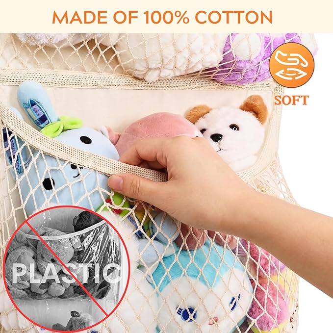 Over The Door Stuffed Animal Storage, Cotton Toy Organizer for Storage Plush Toys,Baby Supplies, Stuffed Animal Holder with 4 Large Pockets, Hanging Door Organizer for Nursery, Bedroom, Kids Room