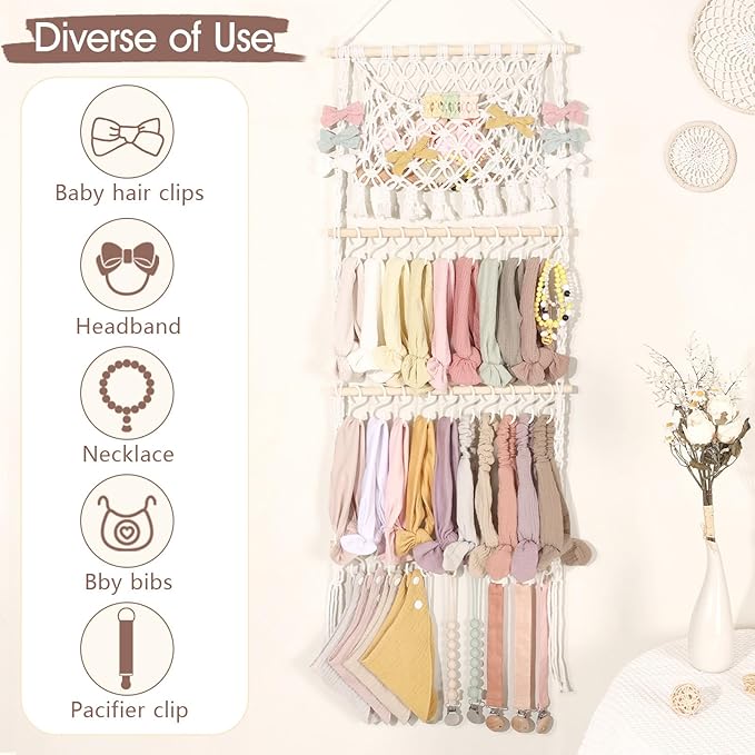 POVETIRE Headband Holder Hair Bow Organizer for Girls, Macrame Bow Holder Hair Accessories Organizer Storage Large Capacity Wall Hanging for Toddler Girl Nursery Room Decor