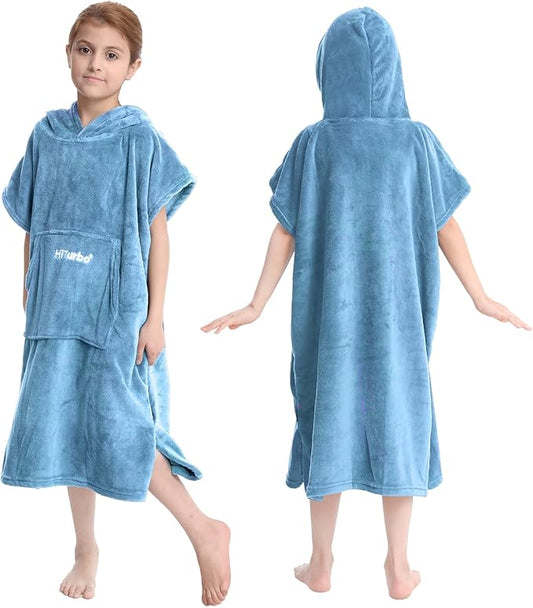 Hiturbo Kids Towel Changing Robe: Soft Plush Bath Towels - Warm Coral Fleece Hoodie - Swim Surf Poncho for 5-12 Years (Blue)