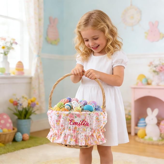 MT WORLD Kids Easter Basket Liner Only Personalized Flower Easter Basket Liner with Embroidered Name Custom Easter Gift for Toddler Girls Baby First Easter Gifts