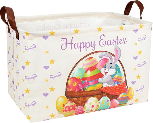 Easter Basket for Kid Large Empty Baby Rectangular Cute Easter Gift Storage Basket Bunny Eggs Décor (Rabbit Purple Bow Tie)