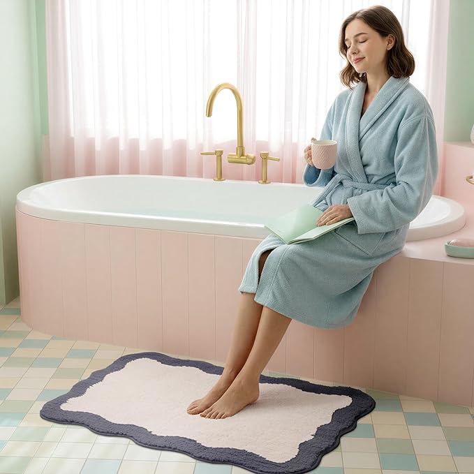 GRANNY SAYS Waved Deep Blue Bathroom Rugs, 36" x 24", Non-Slip Bath Mats for Bathroom, Plush Shag Absorbent Microfiber Ultra Soft Scalloped Bath Mat, Cute Washable Rug for Tub, Shower, Bedroom