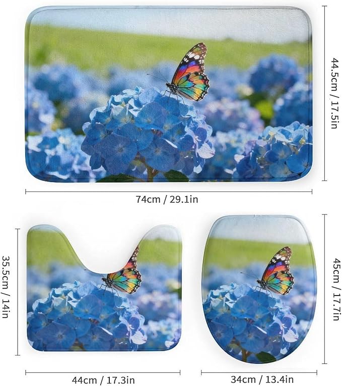 4 Piece Bathroom Rug Set with Shower Curtain, Non-Slip Bath Mat Toilet Cover Set, Flower Balls Bathroom Rug Sets