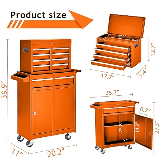 Tool Cabinet, Tool Chest with Wheels, Garage Tool Box, 5 Drawer Rolling Tool Chest and 2 Lockers, Detachable Storage Cabinet, for Garage Warehouse Workshop, Yellow