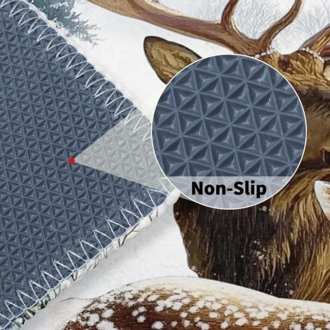 32x20in Winter Deers Bathroom Rug- Xmas Tree Red Bird Berries Bath Mats- Rustic Elk Moose Snow Cottage Non-Slip Holiday Seasonal Bath Rugs for Shower Room Bathtub Sink Bedside